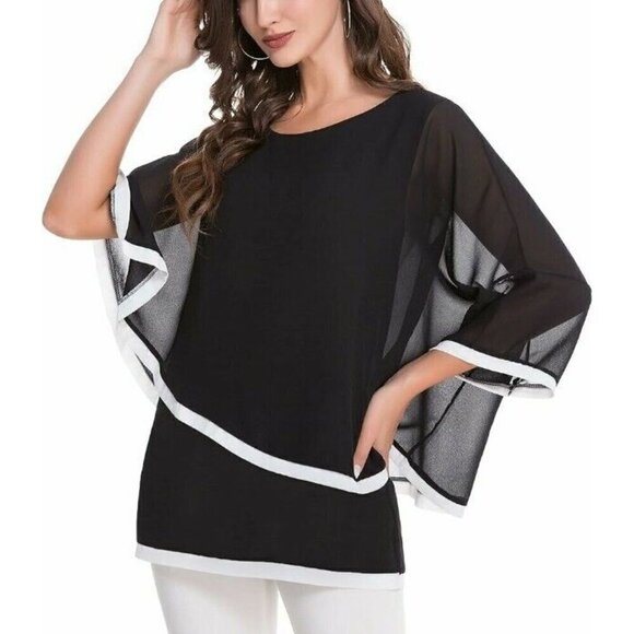 S.CHARMA BLACK BATWING SLEEVE IRREGULAR HEM CHIFFON BLOUSE TOP SZ XL - Picture 1 of 8